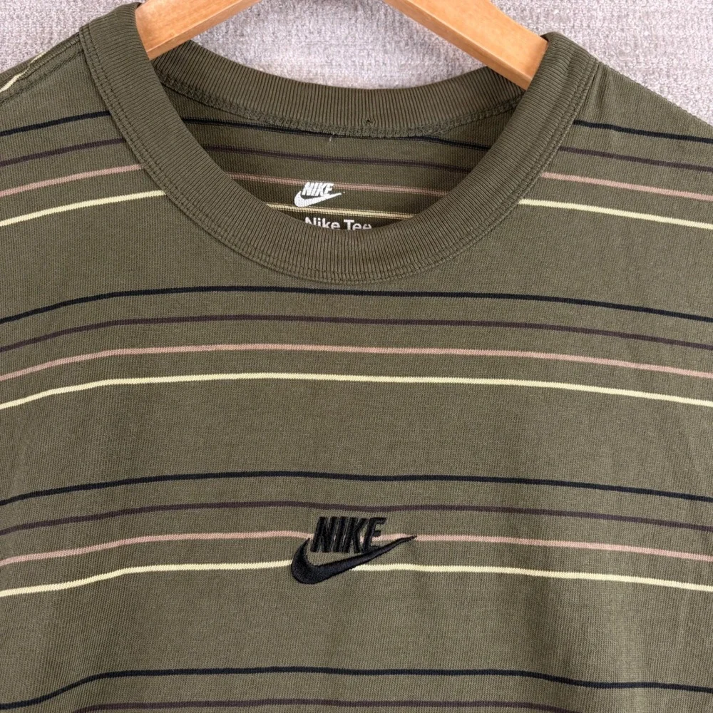 The Nike Tee Mens Striped T-Shirt Olive Green Loose Fit Embroidered Logo S Retro